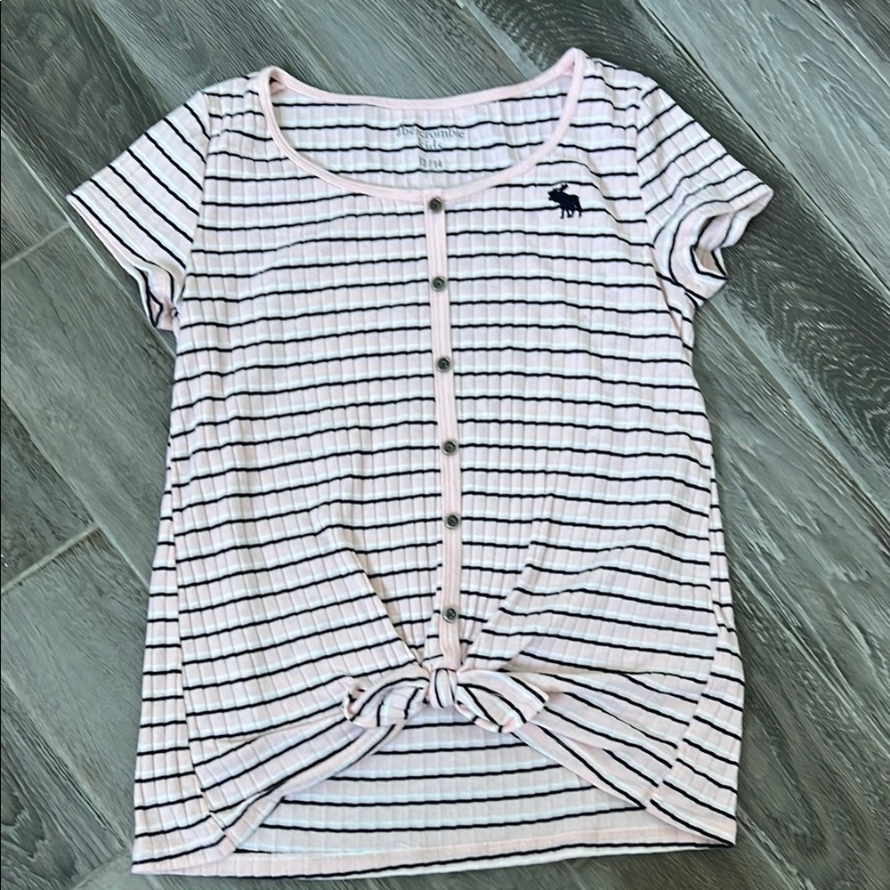 New! Abercrombie Kids Light Pink and Black Striped Top with Tie Hem